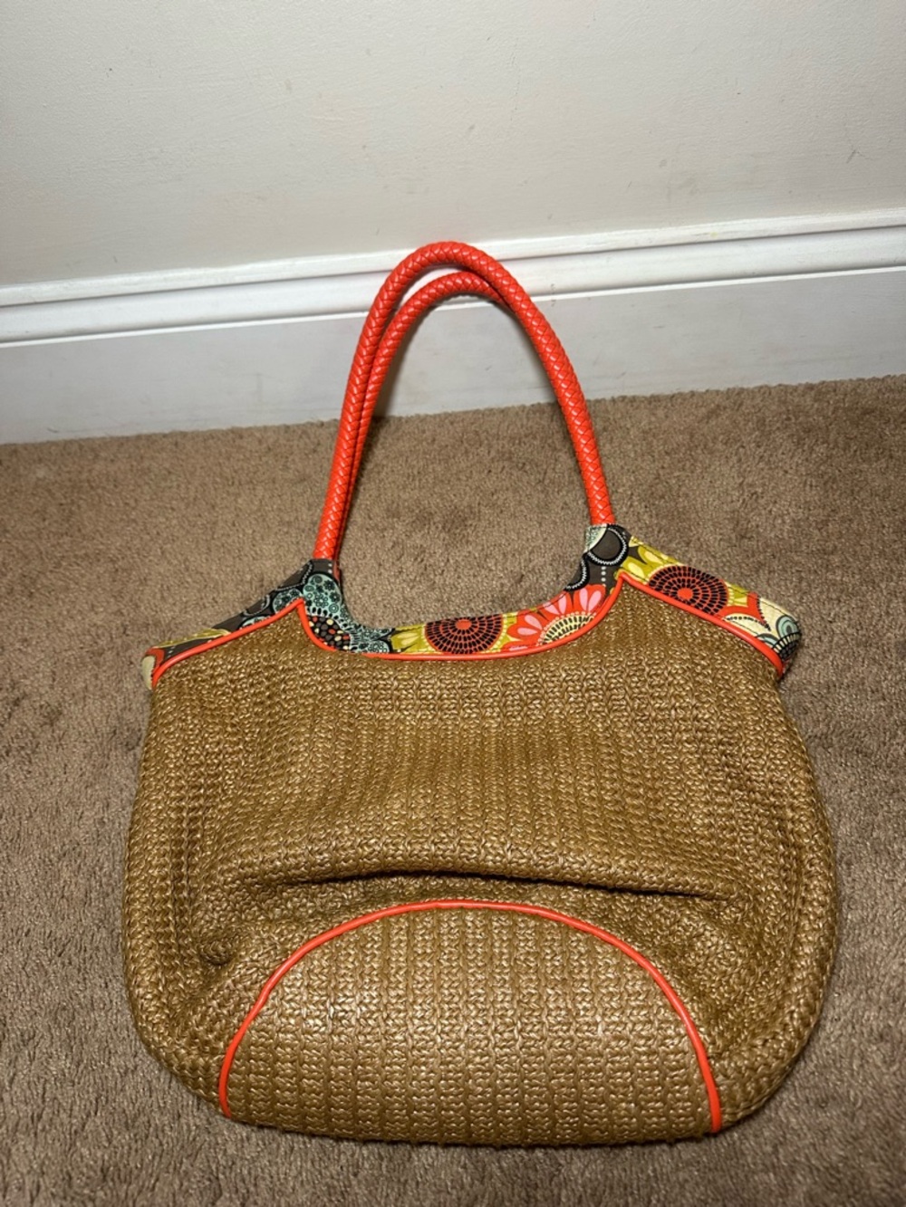 Vera Bradley Straw Bucket Tote Bag Orange Handles Retro Flower Shower Pattern